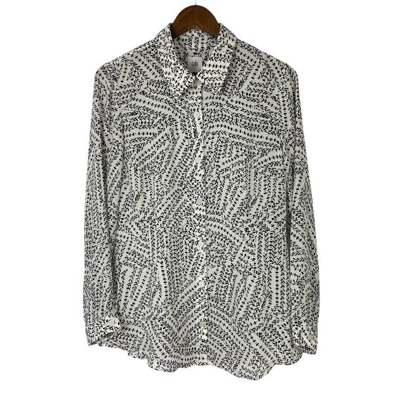 Cabi #3255 | Black & White Print Split Back Long Sleeve Button Down Blouse - Picture 2 of 12